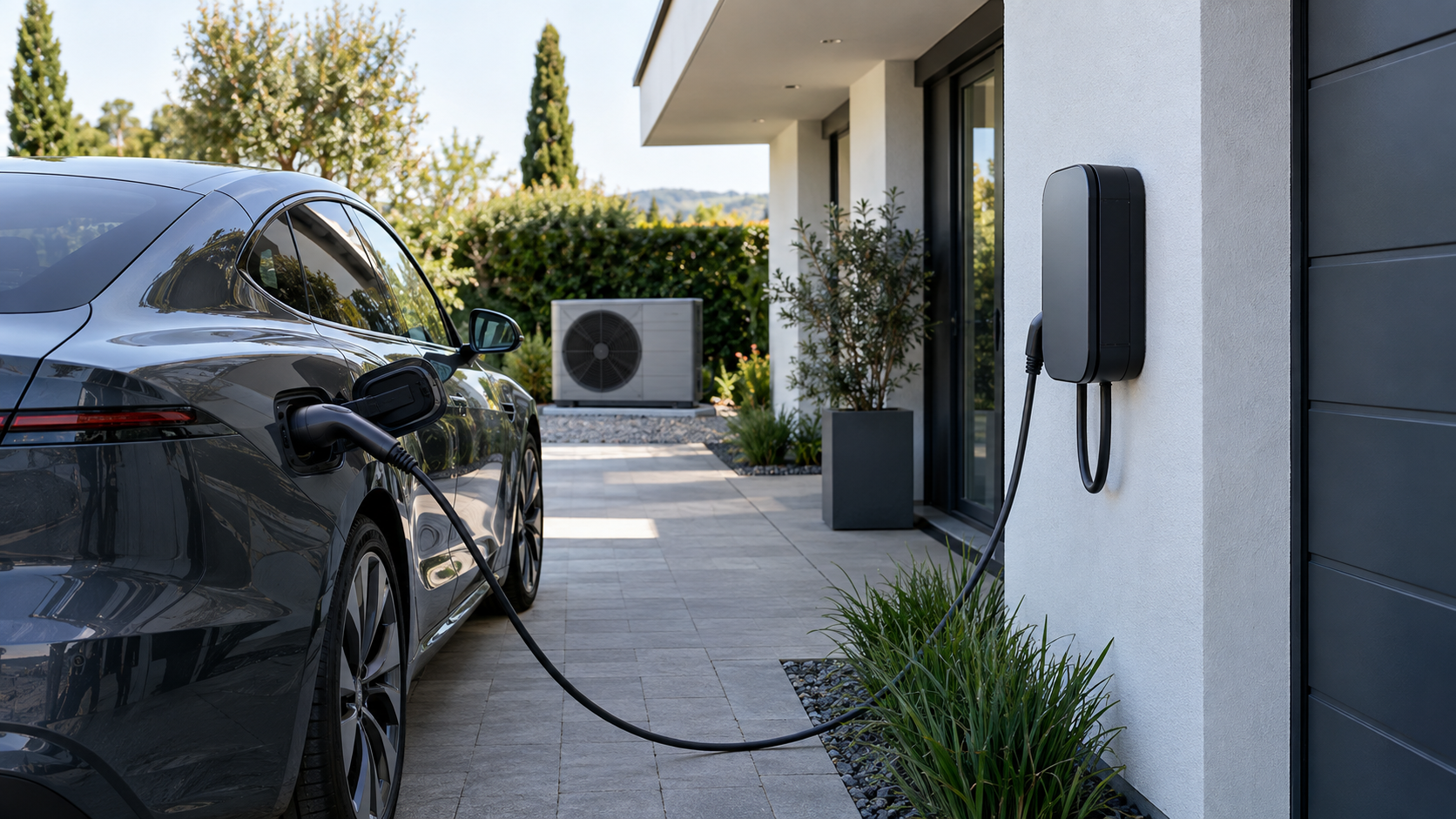 Illustrative Wallbox mit Elektrofahrzeug an einem modernen Gebäude