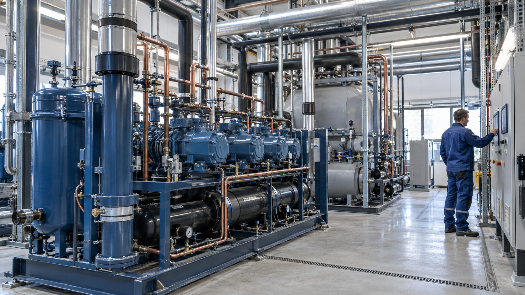 Illustrativer Maschinenraum mit industriellem Kältesystem und Servicetechniker