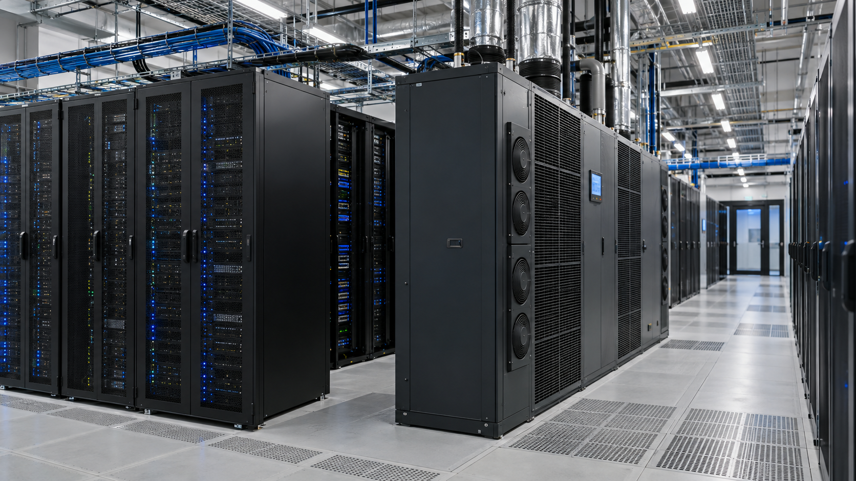 Illustrative Serverraumkühlung mit Serverracks und Präzisionsklimasystemen